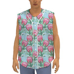 Pink Protea Pattern Print Sleeveless Baseball Jersey