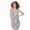 Pink Protea Pattern Print Sleeveless Bodycon Dress