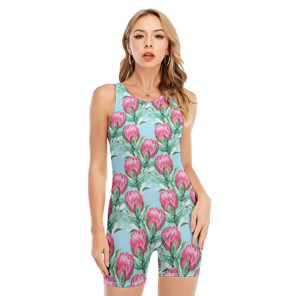 Pink Protea Pattern Print Sleeveless One Piece Swimsuit