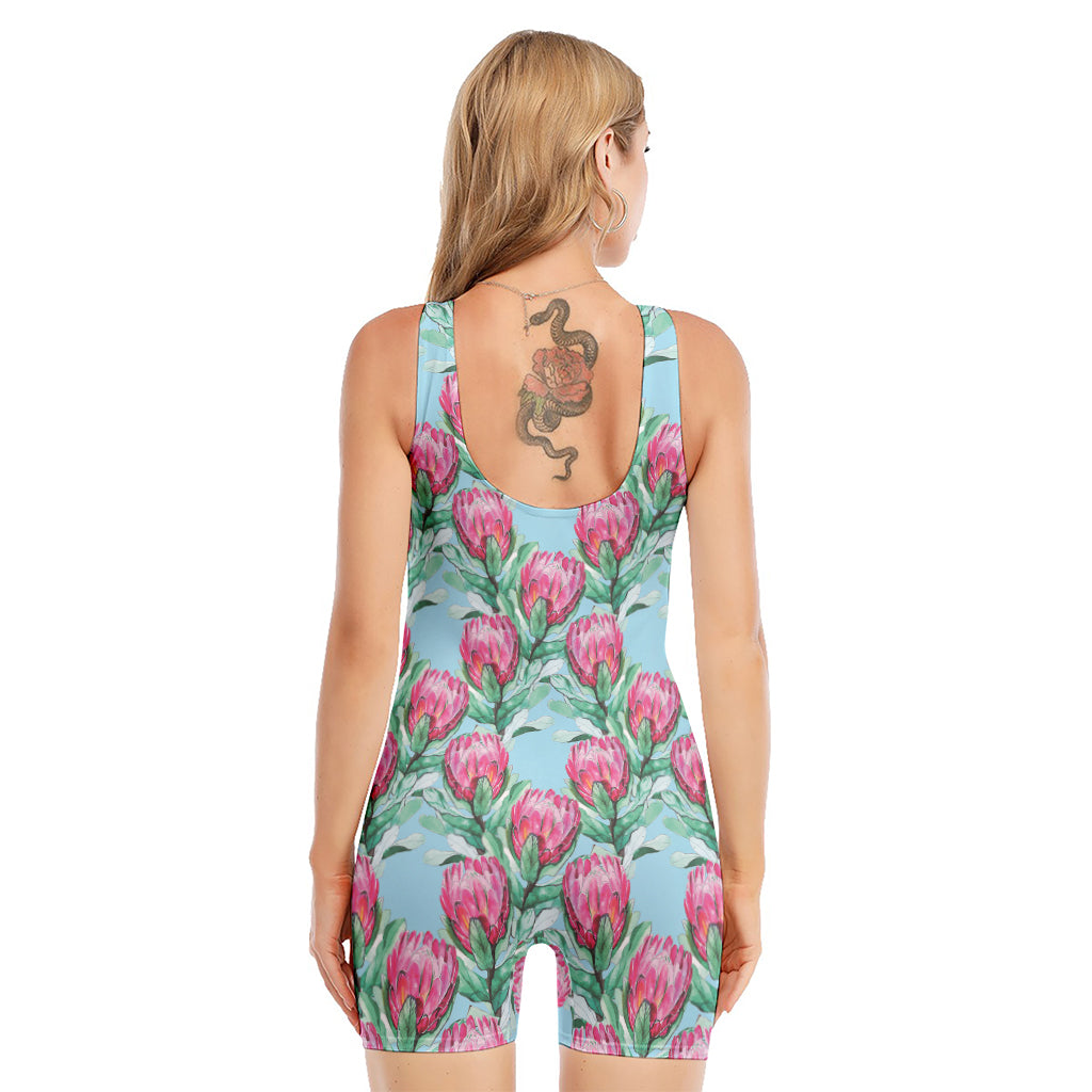 Pink Protea Pattern Print Sleeveless One Piece Swimsuit