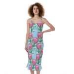 Pink Protea Pattern Print Slim Fit Midi Cami Dress