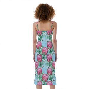 Pink Protea Pattern Print Slim Fit Midi Cami Dress