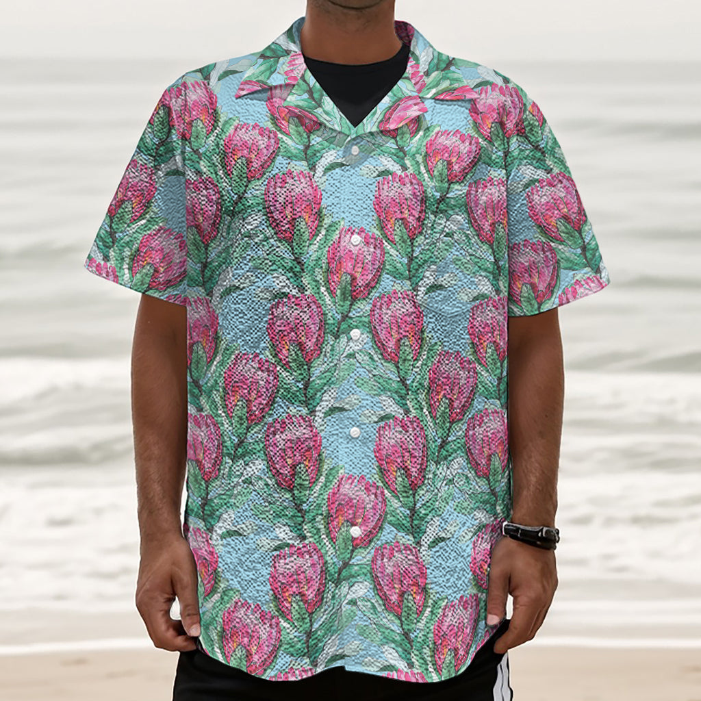 Pink Protea Pattern Print Textured Short Sleeve Shirt