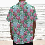 Pink Protea Pattern Print Textured Short Sleeve Shirt