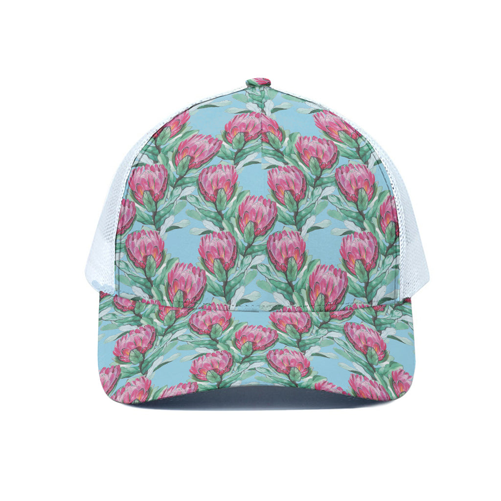 Pink Protea Pattern Print White Mesh Trucker Cap