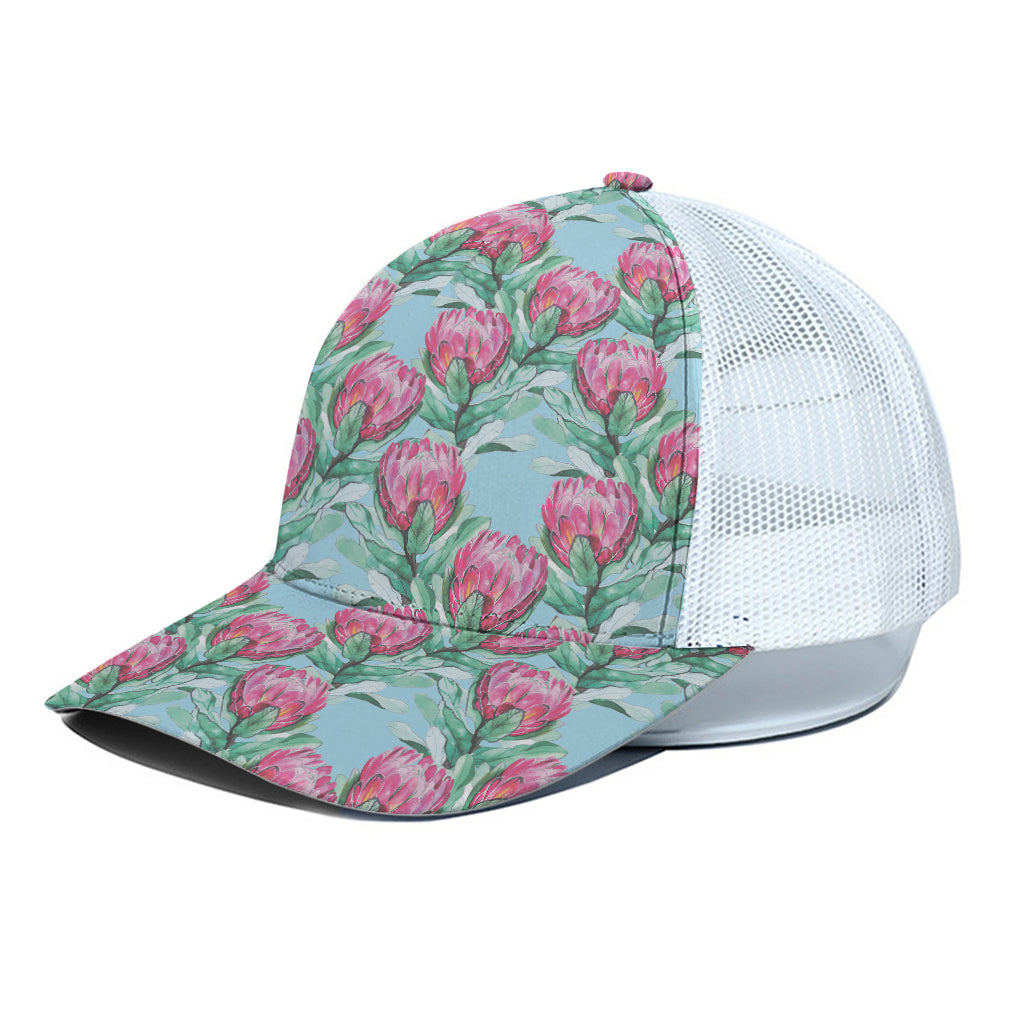 Pink Protea Pattern Print White Mesh Trucker Cap