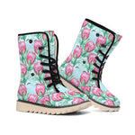 Pink Protea Pattern Print Winter Boots