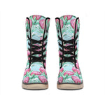 Pink Protea Pattern Print Winter Boots