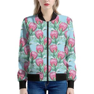 Pink Protea Pattern Print Women's Bomber Jacket