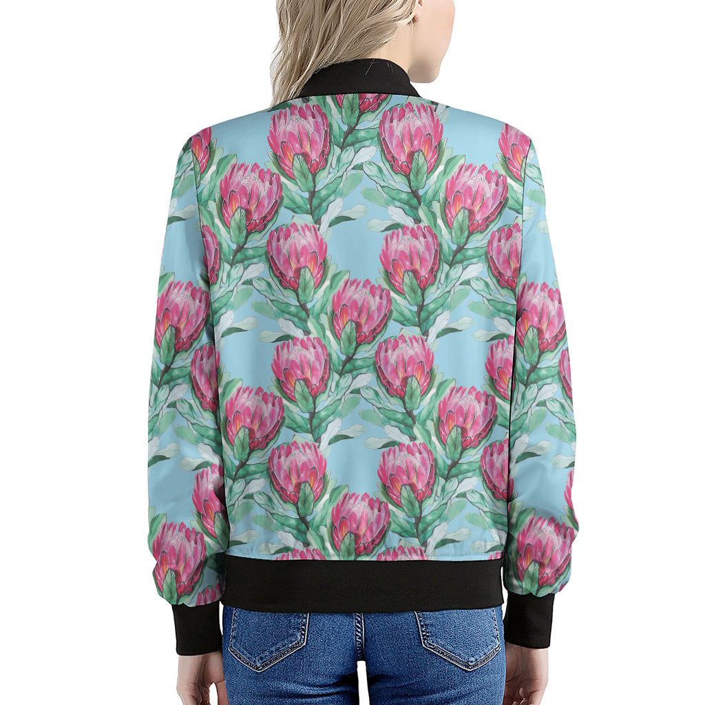 Pink Protea Pattern Print Women's Bomber Jacket