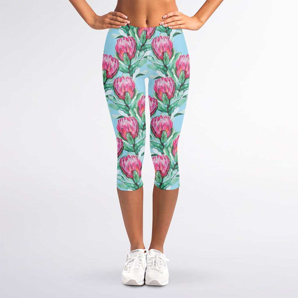 Pink Protea Pattern Print Women's Capri Leggings