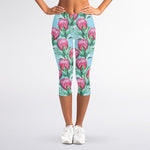 Pink Protea Pattern Print Women's Capri Leggings