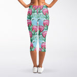 Pink Protea Pattern Print Women's Capri Leggings