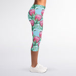 Pink Protea Pattern Print Women's Capri Leggings