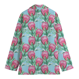 Pink Protea Pattern Print Women's Cotton Blazer