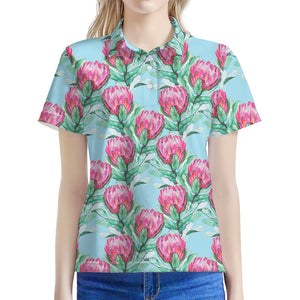 Pink Protea Pattern Print Women's Polo Shirt