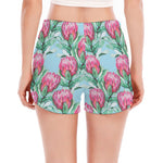 Pink Protea Pattern Print Women's Split Running Shorts