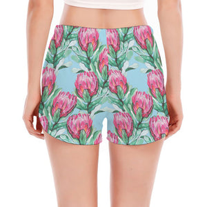 Pink Protea Pattern Print Women's Split Running Shorts