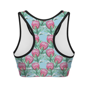 Pink Protea Pattern Print Women's Sports Bra