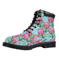 Pink Protea Pattern Print Padded Collar Lace Up Boots