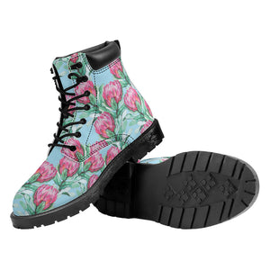 Pink Protea Pattern Print Work Boots