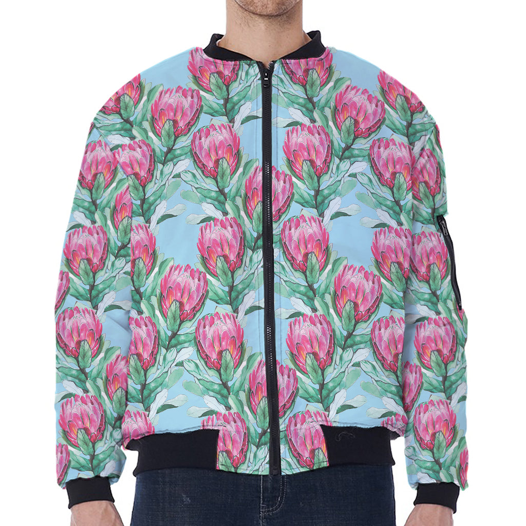 Pink Protea Pattern Print Zip Sleeve Bomber Jacket