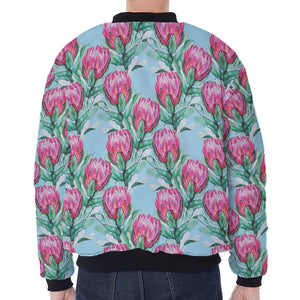 Pink Protea Pattern Print Zip Sleeve Bomber Jacket