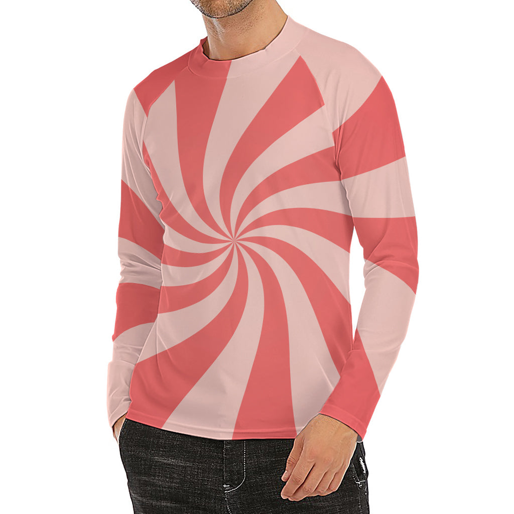 Pink Psychedelic Swirl Print Men's Long Sleeve Rash Guard