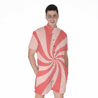 Pink Psychedelic Swirl Print Men's Rompers