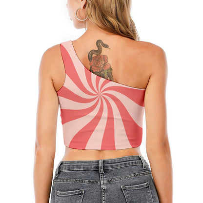 Pink Psychedelic Swirl Print One Shoulder Crop Top