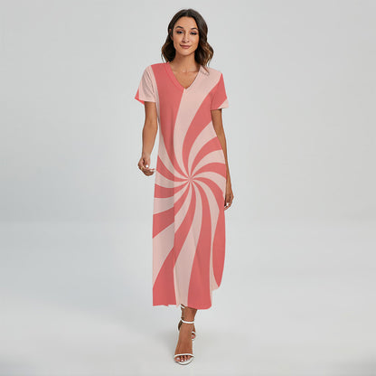 Pink Psychedelic Swirl Print Short Sleeve Maxi Dress
