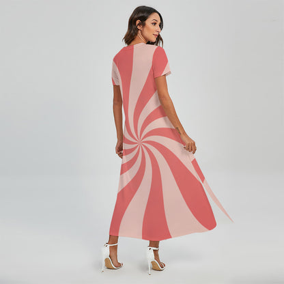 Pink Psychedelic Swirl Print Short Sleeve Maxi Dress