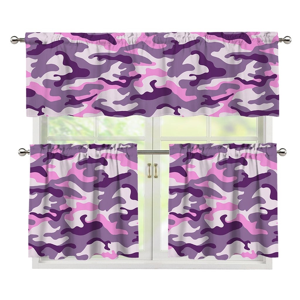 Pink Purple And Grey Camouflage Print 3 Piece Kitchen Curtains