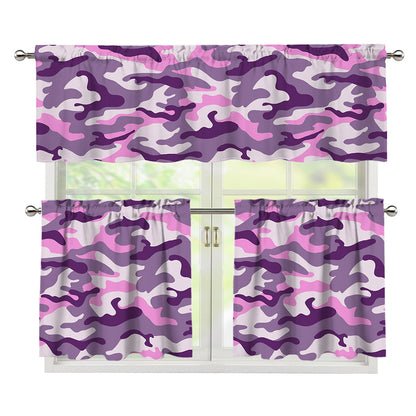 Pink Purple And Grey Camouflage Print 3 Piece Kitchen Curtains