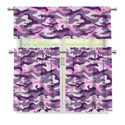 Pink Purple And Grey Camouflage Print 3 Piece Kitchen Curtains