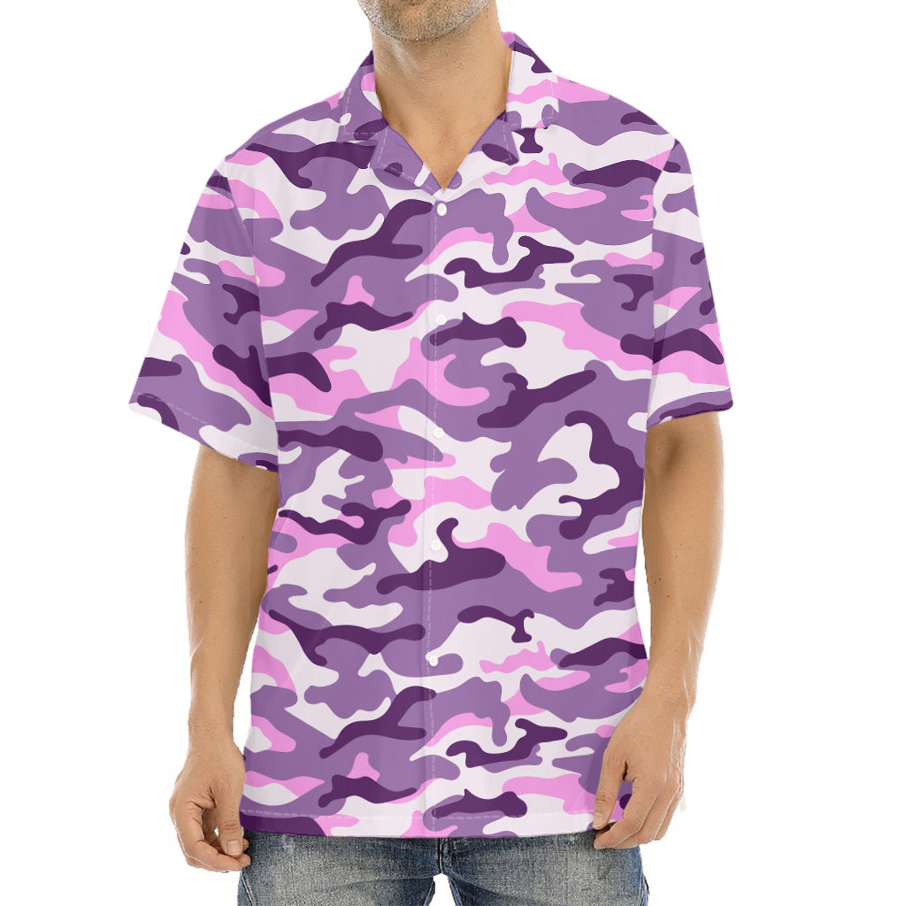 Pink Purple And Grey Camouflage Print Aloha Shirt