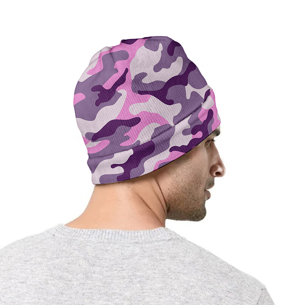 Pink Purple And Grey Camouflage Print Beanie