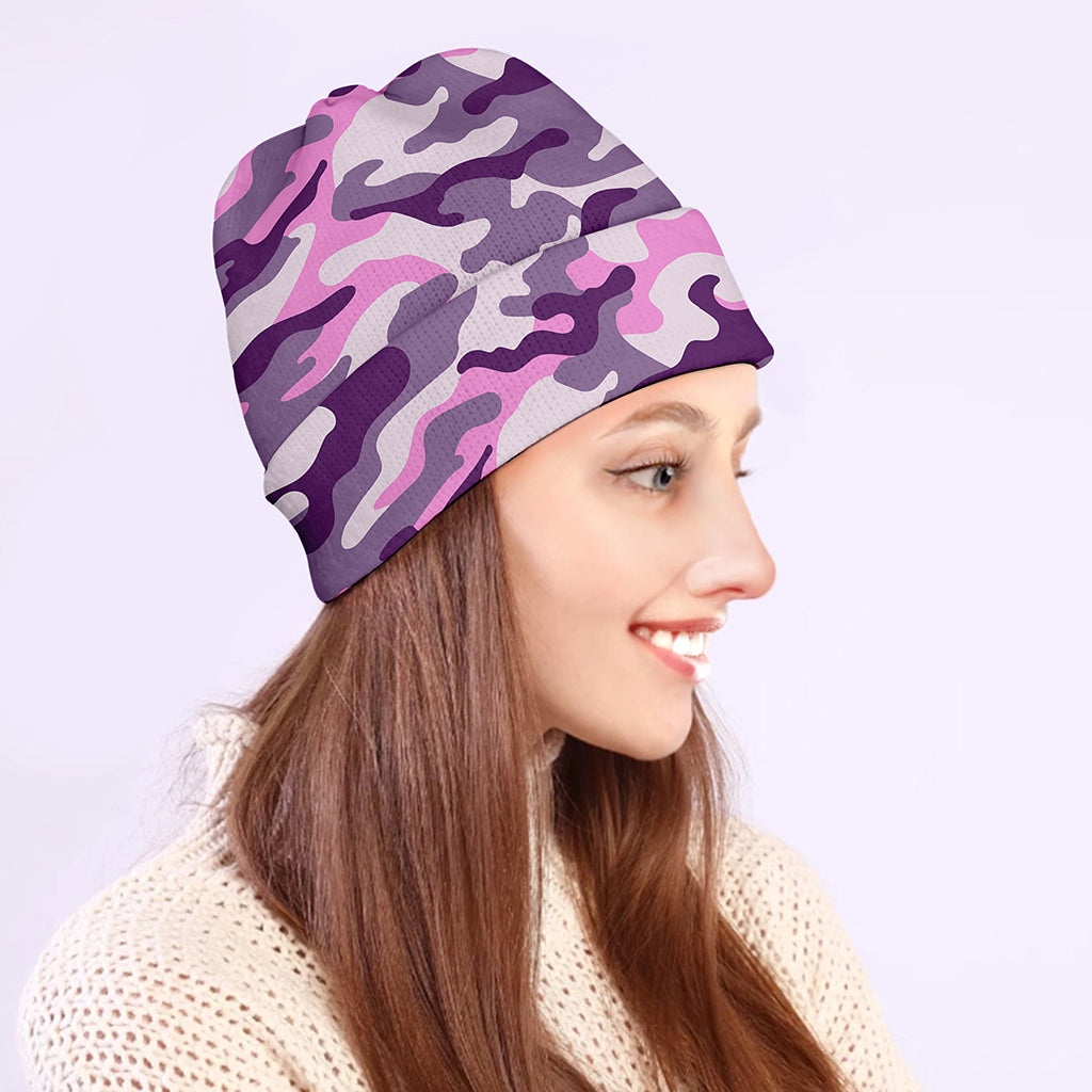Pink Purple And Grey Camouflage Print Beanie