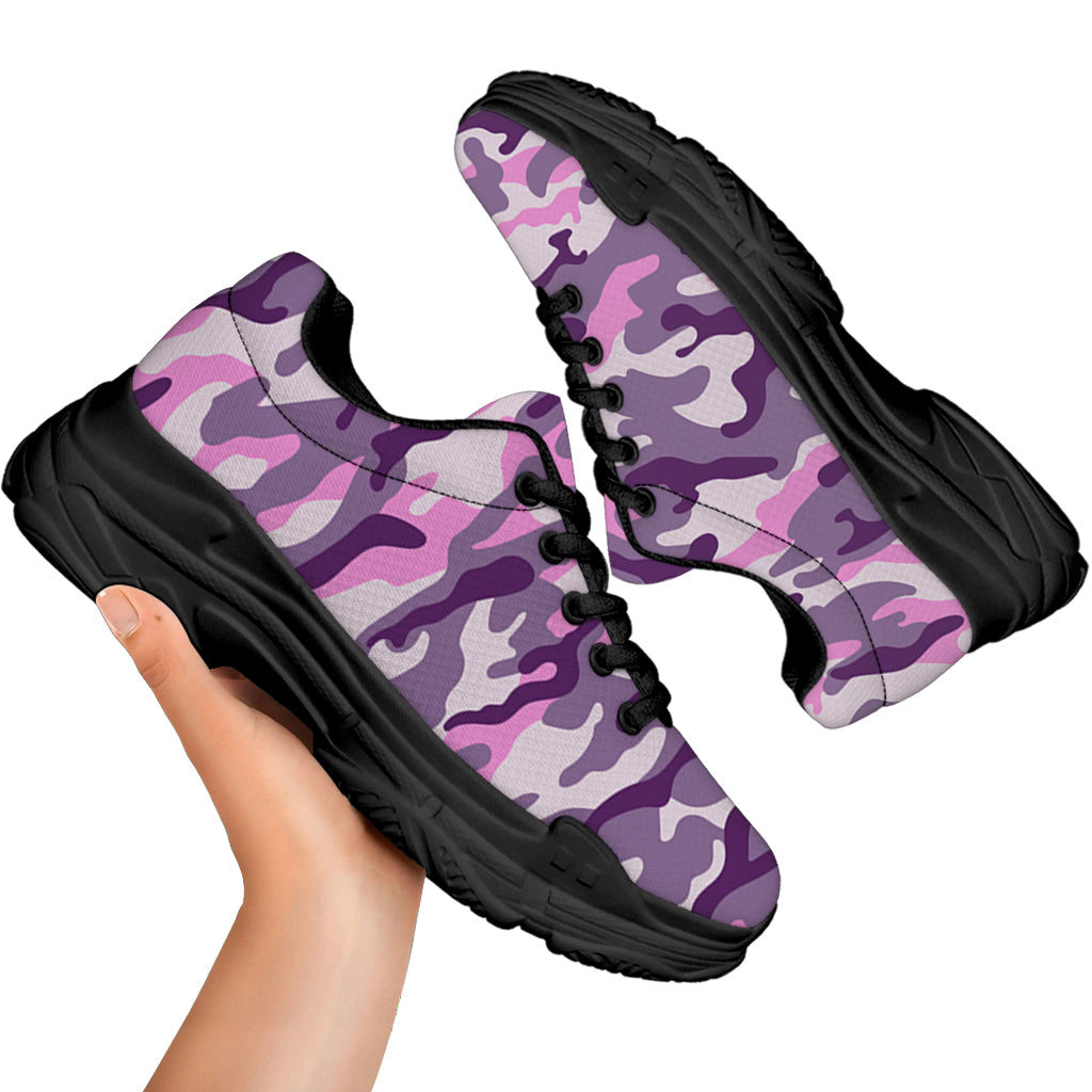 Pink Purple And Grey Camouflage Print Black Chunky Shoes