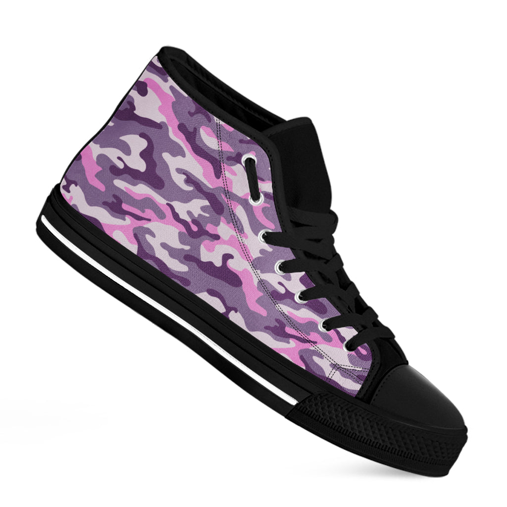 Pink Purple And Grey Camouflage Print Black High Top Sneakers