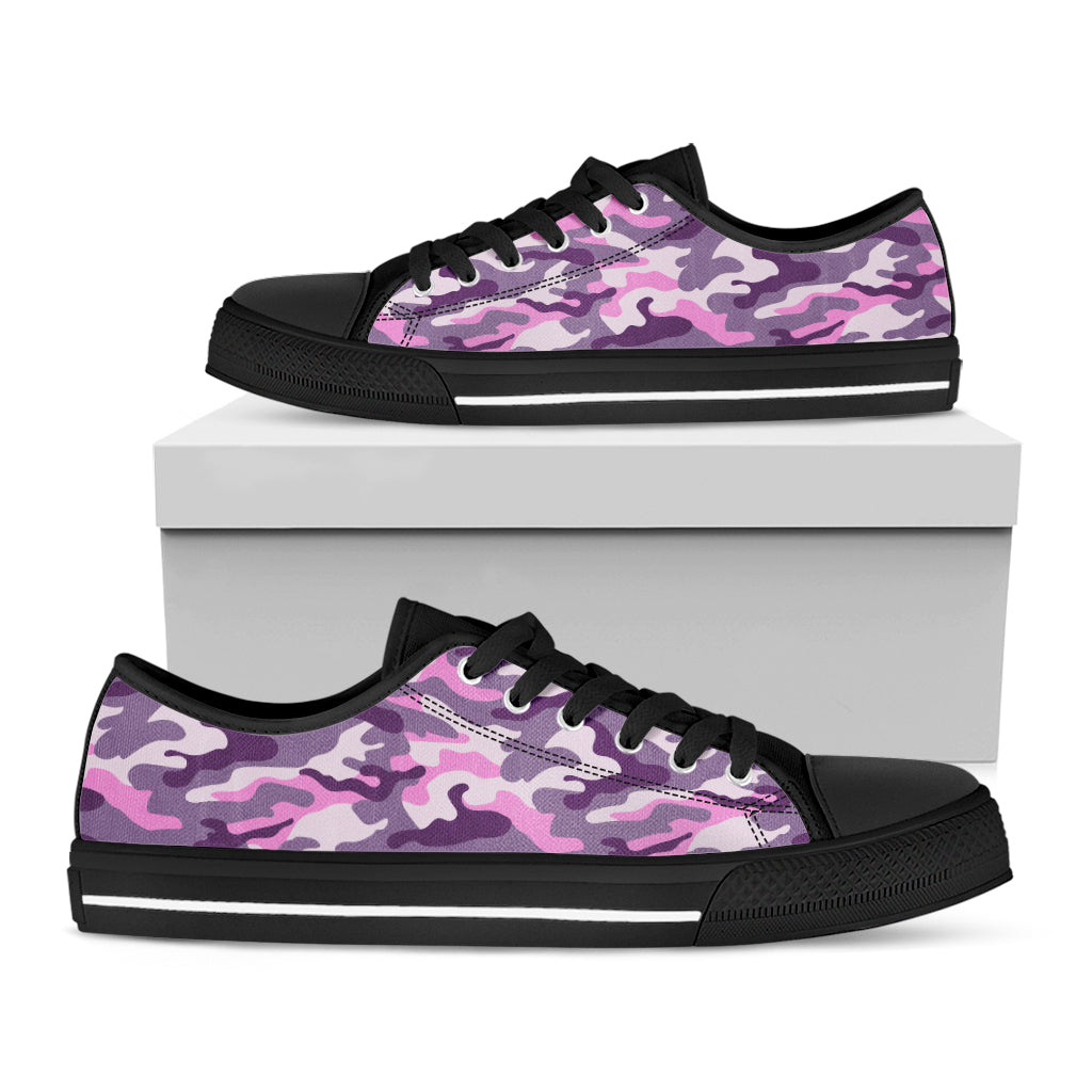 Pink Purple And Grey Camouflage Print Black Low Top Sneakers