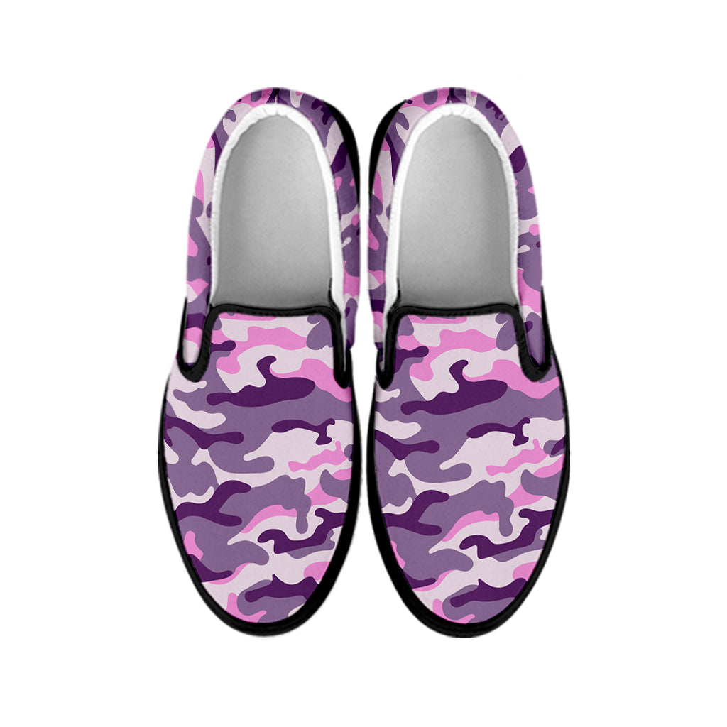Pink Purple And Grey Camouflage Print Black Slip On Sneakers