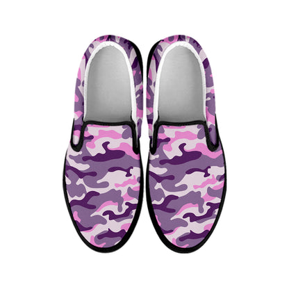 Pink Purple And Grey Camouflage Print Black Slip On Sneakers