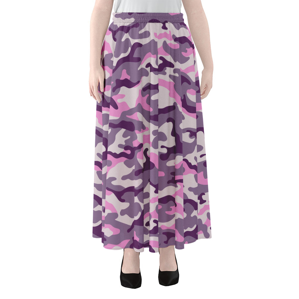 Pink Purple And Grey Camouflage Print Chiffon Maxi Skirt