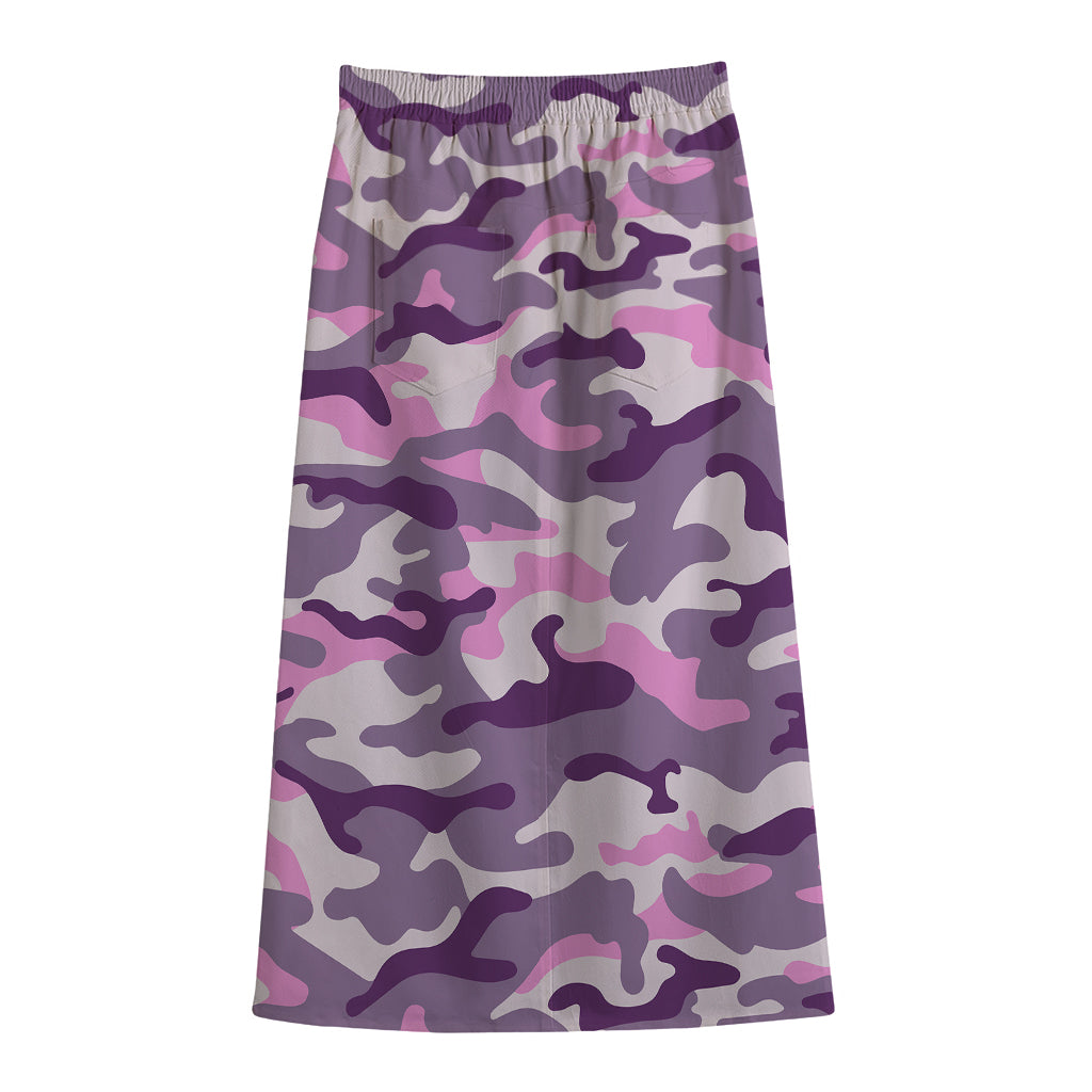 Pink Purple And Grey Camouflage Print Cotton Front Slit Maxi Skirt