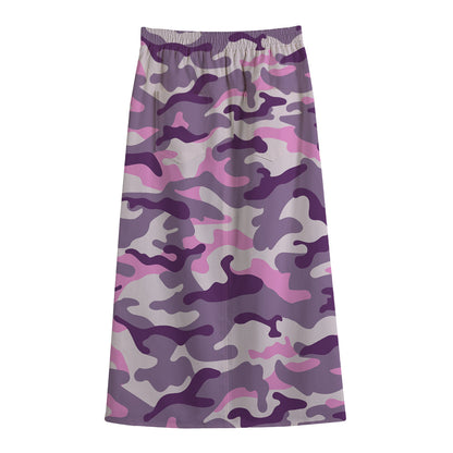 Pink Purple And Grey Camouflage Print Cotton Front Slit Maxi Skirt