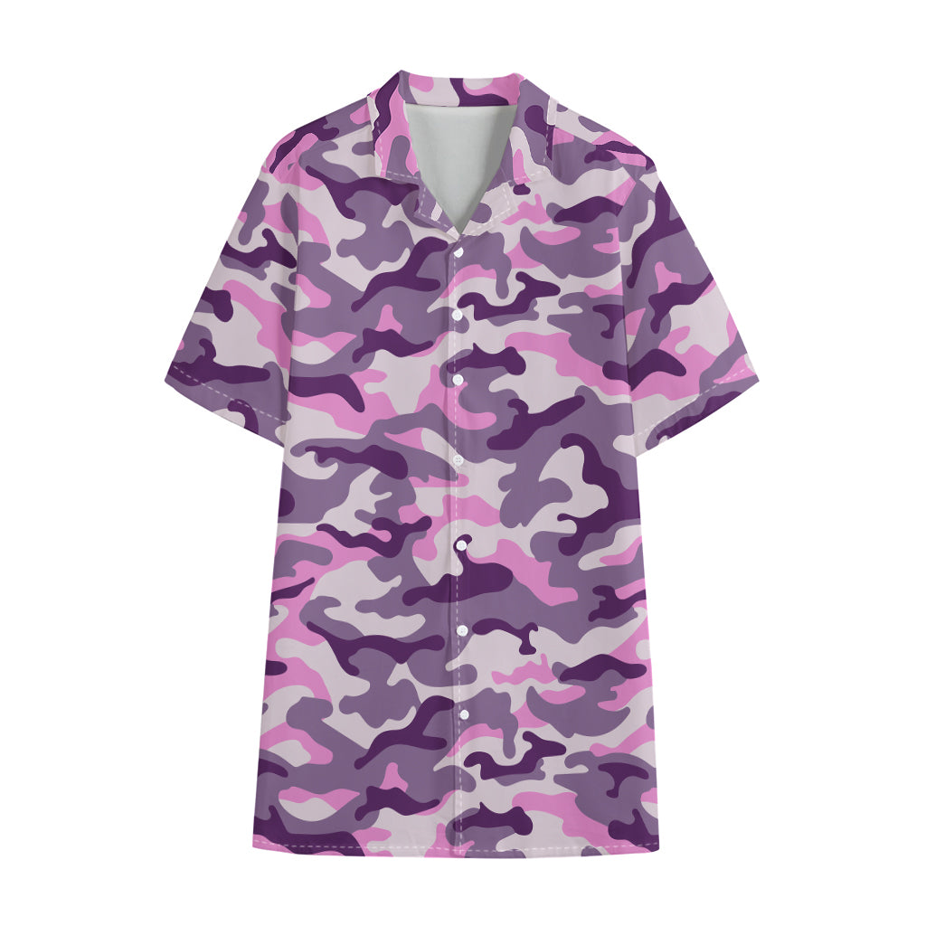 Pink Purple And Grey Camouflage Print Cotton Hawaiian Shirt