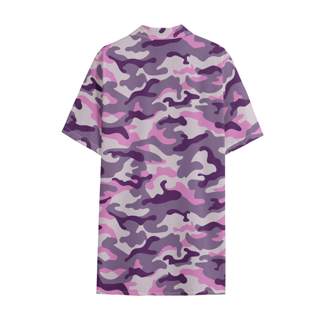 Pink Purple And Grey Camouflage Print Cotton Hawaiian Shirt