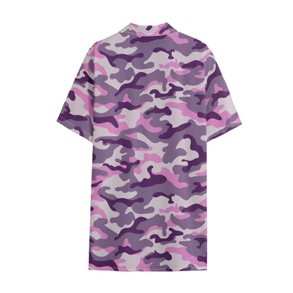 Pink Purple And Grey Camouflage Print Cotton Hawaiian Shirt