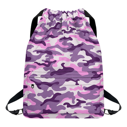 Pink Purple And Grey Camouflage Print Drawstring Backpack